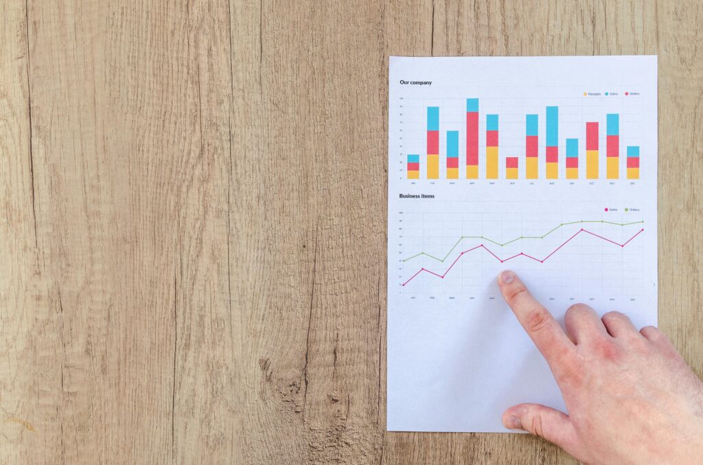 A finger showing a chart of trend of bar chart and line graph